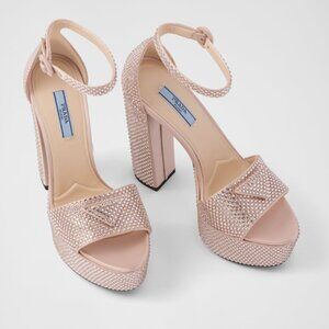 Prada Pink Embellished Platform Heels Logo Satin Crystal Sandals Open Toe